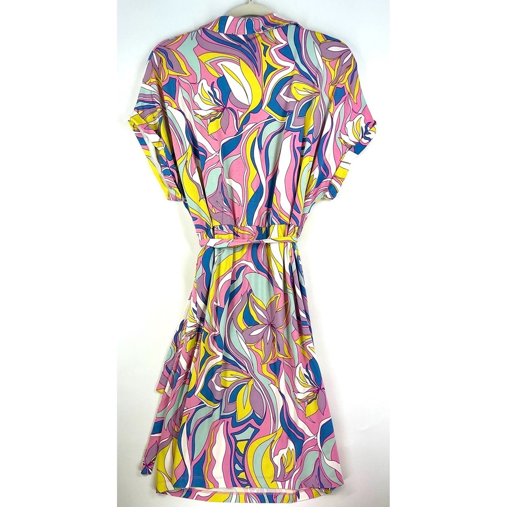 Equal Shirt Dress Pink Blue Yellow Abstract Print Tie Waist Maximalist Sz L - Picture 13 of 13